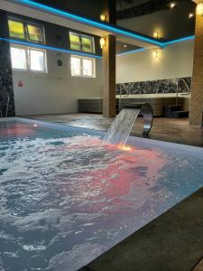 a swimming pool with a fountain in a building at Dom Jastrzębia z basenem i jacuzzi in Jastrzębia Góra