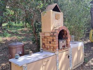 uma cozinha exterior com um forno de tijolos no balcão em BASTIDE PRESQU ILE DE GIENS SUPERBE VUE MER PISCINE em Hyères