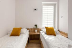Duas camas num quarto com uma janela em Apartament Centrum B em Kudowa-Zdrój
