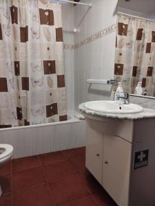 a bathroom with a sink and a shower curtain at Casa da Ramada in Campo do Gerês