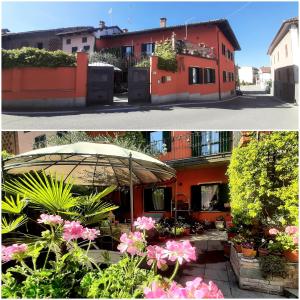 two pictures of a building with flowers and an umbrella at Cà D' Rot - Casa Ratti in Vinchio