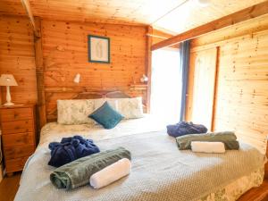 una camera con un letto in una baita di tronchi di Brook Lodge a Llandysul