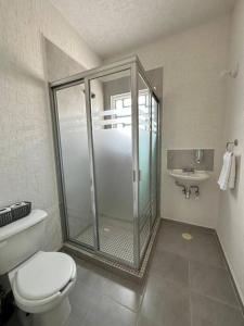 普拉亚卡门Flor de Lantana的带淋浴、马桶和水槽的浴室