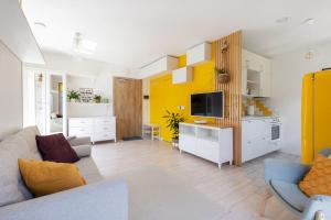 a living room with a couch and a tv at Yellow Studio Paupys in Vilnius