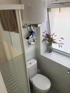 a small bathroom with a toilet and a window at Paseo de la Castellana in Madrid