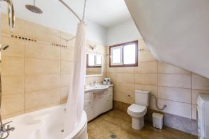 a bathroom with a tub and a toilet and a sink at Glyna House in Skopelos Town