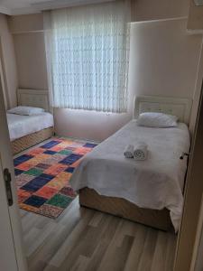 1 Schlafzimmer mit 2 Betten und einem farbenfrohen Teppich in der Unterkunft Deniz Manzaralı in Arsin