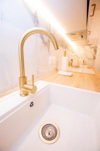 een keuken met een wastafel en een wastafel bij Luxueux 3p. Art Deco + Parking in Cannes +57 foto's