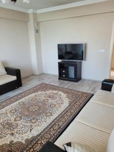 ein Wohnzimmer mit einem Flachbild-TV und einem Teppich in der Unterkunft Deniz Manzaralı in Arsin