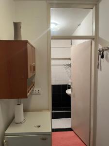 een kleine badkamer met een witte koelkast en een douche bij Rustic home Visoko in Visoko
