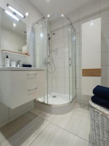 uma casa de banho com um chuveiro e uma cabina de duche em vidro. em Studio Art Deco - Starówka - Old Town - AZW Gdańsk em Gdansk