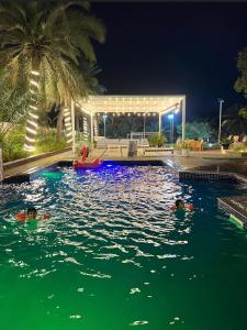 dos personas nadando en una piscina por la noche en Luxury Farm Stay 50, en Badīyah