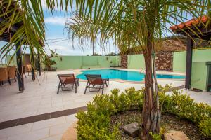 a swimming pool with chairs and a palm tree at Villa Chloe - Amazing view Villa with swimming pool in Chania