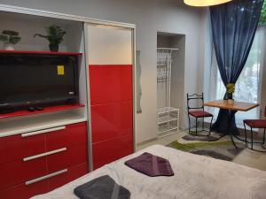 1 dormitorio con armarios rojos y TV de pantalla plana en Privát Szálláshelyek, en Baja