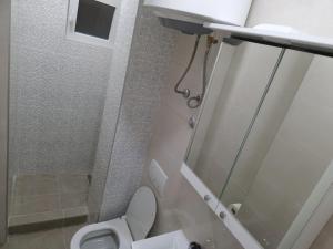 La petite salle de bains est pourvue d'une douche et de toilettes. dans l'établissement Apartman Platan, à Trebinje