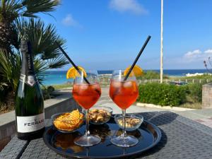 a tray with two wine glasses and a bottle of wine at Hotel La Plancia in Otranto