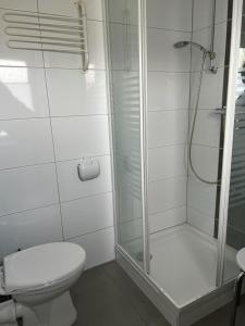 a white bathroom with a shower and a toilet at Haus Juist-Norddeich in Norden