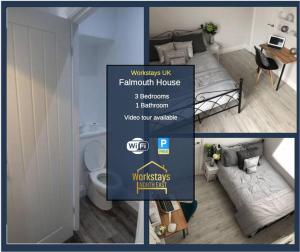 a collage of three pictures of a bedroom and a bathroom at Falmouth House 3 Bedrooms 5 Beds Workstays UK in Middlesbrough