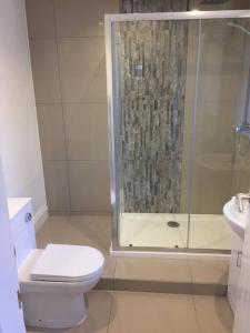 a bathroom with a shower and a toilet and a sink at Falmouth House 3 Bedrooms 5 Beds Workstays UK in Middlesbrough