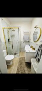 een badkamer met een douche, een toilet en een wastafel bij Apartamenty Firfas 6 in Bydgoszcz