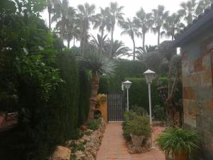a garden with a gate and palm trees and a fence at chalet, villa rodeada de naturaleza con piscina cerca de la ciudad in Valencia
