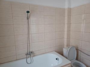 łazienka z prysznicem, toaletą i wanną w obiekcie Vila Oltețul w mieście Predeal