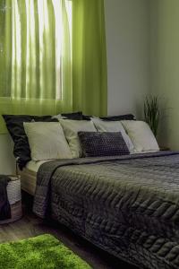 シャルゴータルヤーンにあるMountain Houseの緑の壁のベッドルームのベッド1台