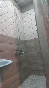una ducha con una puerta de cristal junto a un lavabo en Xrchit (Խրճիթ), en Gyumri