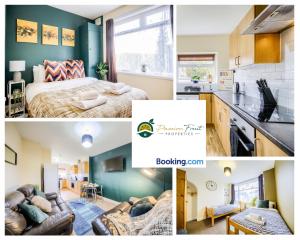 un collage de fotos de un dormitorio y una sala de estar en LOW RATE this season for 5 BR House with 2 Baths- Coventry Near Birmingham By Passionfruit Properties With free Netflix Wi-Fi by A45 - THL, en Coventry