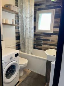 uma casa de banho com uma máquina de lavar roupa e um WC em Appartement de 25 m² à Blonville em Blonville-sur-Mer
