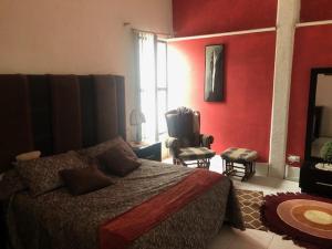 ein Schlafzimmer mit einem Bett und einer roten Wand in der Unterkunft Casa de campo 