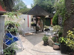 eine Terrasse mit einer Bank, einem Regenschirm und Pflanzen in der Unterkunft Casa de campo 