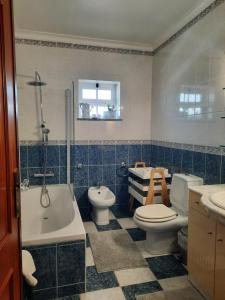 a bathroom with a toilet and a tub and a sink at Casa das Camélias in Aveiro +21 photos
