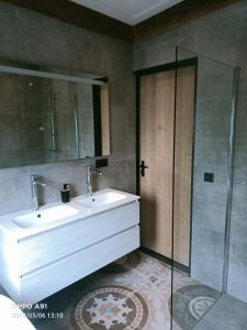 シント・アナラントにあるChalet Houtrustのバスルーム(洗面台、ガラス張りのシャワー付)