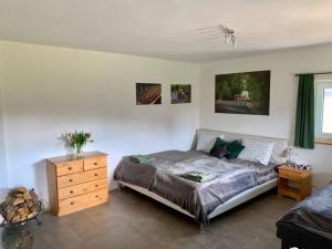 1 dormitorio con 1 cama, vestidor de madera y tocador en Apartment Tour Bohemian Switzerland, en Horní Podluží