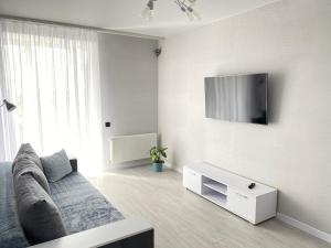 sala de estar con sofá y TV en la pared en Люкс для вибагливих в центрі en Lutsʼk