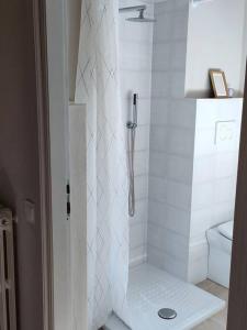 La salle de bains blanche est pourvue d'une douche et de toilettes. dans l'établissement L'angolo delle rose, à Govone