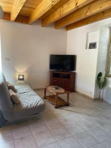 ein Wohnzimmer mit Couch und Flachbildfernseher in der Unterkunft Maison de village le BACCI in Vals-les-Bains