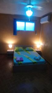 1 dormitorio con 1 cama con 2 lámparas y una ventana en Chez Caroline, en Basse-Terre