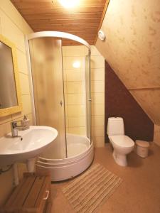 泰爾韋泰的住宿－斯普利迪斯旅館，带淋浴、盥洗盆和卫生间的浴室
