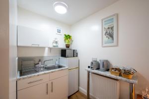 eine kleine Küche mit Spüle und Kühlschrank in der Unterkunft Personal En-suite in Shrewsbury