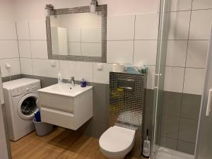 een badkamer met een toilet, een wastafel en een wasmachine bij Apartament Zofia in Duszniki Zdrój