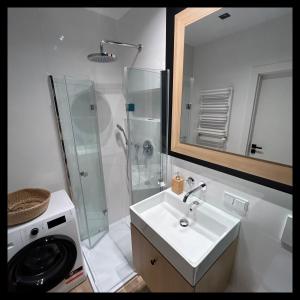 uma casa de banho com um lavatório, um chuveiro e uma máquina de lavar roupa em Apartament Walizka em Gdansk