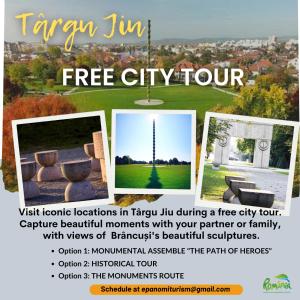 a flyer for a free city tour with pictures of a tower at LETO House in Târgu Jiu