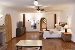 um quarto grande com uma cama e uma lareira em Casa María Elena em San Miguel de Allende