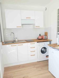 a white kitchen with a sink and a washing machine at Le Cosy du Faux Bourg in Châlons-sur-Marne