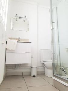 a white bathroom with a sink and a toilet at Le Cosy du Faux Bourg in Châlons-sur-Marne