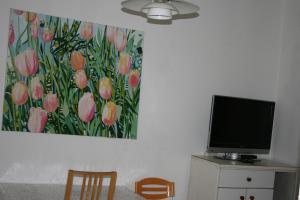 a living room with a tv and a painting on the wall at Herrenhof 12 in Worms