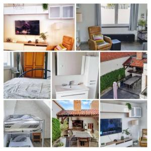 un collage di foto di un soggiorno e di una casa di Privé, mooi ingericht huis op toplocatie nabij bos a Watou