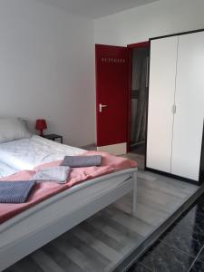 ブダペストにあるSmall studio at Corvin negyedのベッドルーム1室(ベッド1台、赤いクローゼット付)
